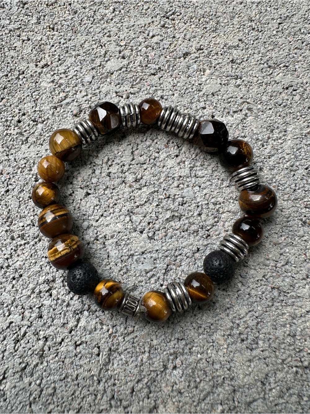 Tiger Eye Beaded Stretch Bracelet with Silver Accents